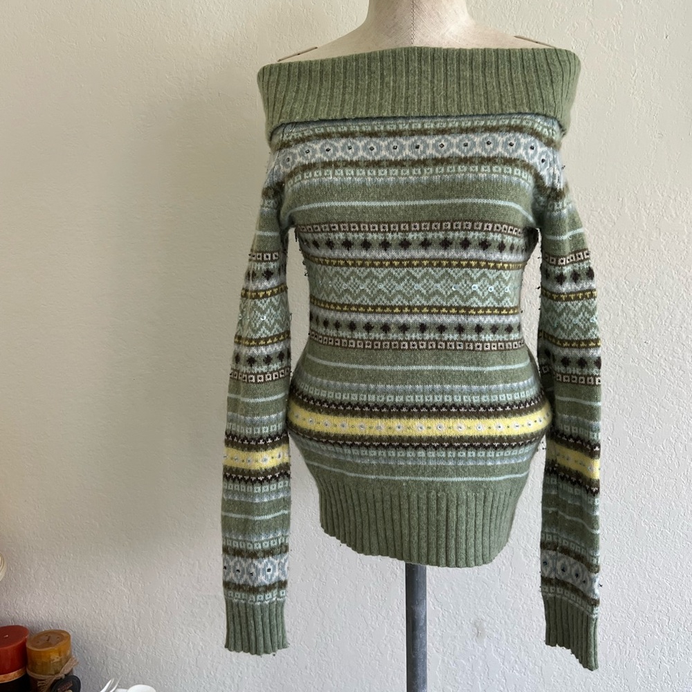 Vintage Old Navy wool Off-Shoulder Fair Isle Knit Sweater in Olive Green S
